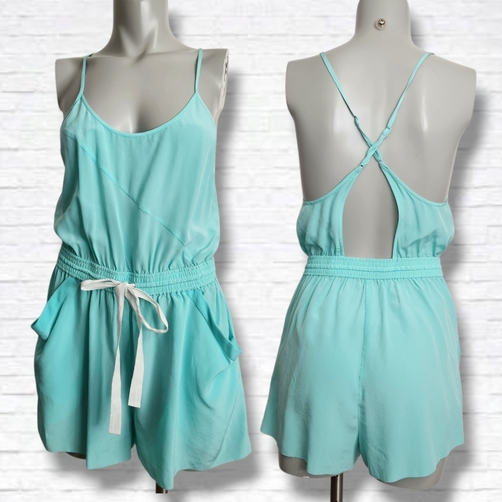 Aritzia X Wilfred "Peri" Teal Blue Silk Spaghetti Strap Shorts Romper Size S/M - Picture 2 of 16